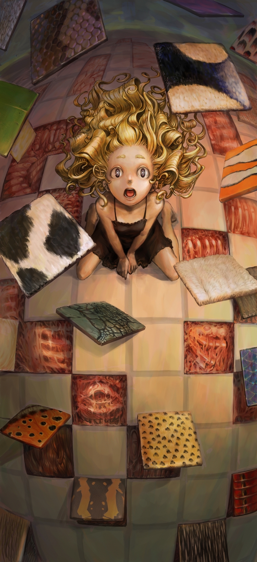 barefoot blonde_hair child crazy_eyes creepy curly_hair dress from_above highres kneeling open_mouth original short_dress stare tile tiles torikawa