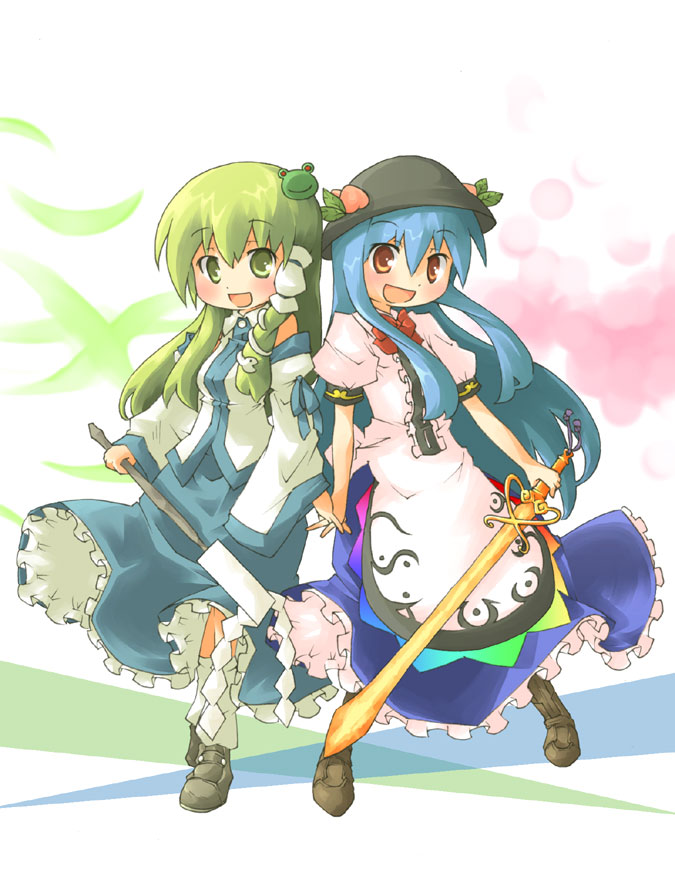bad_id blue_hair detached_sleeves food frog frogs fruit gohei green_eyes green_hair hand_holding hat hinanawi_tenshi holding_hands kochiya_sanae peach peaches red_eyes sword sword_of_hisou touhou weapon