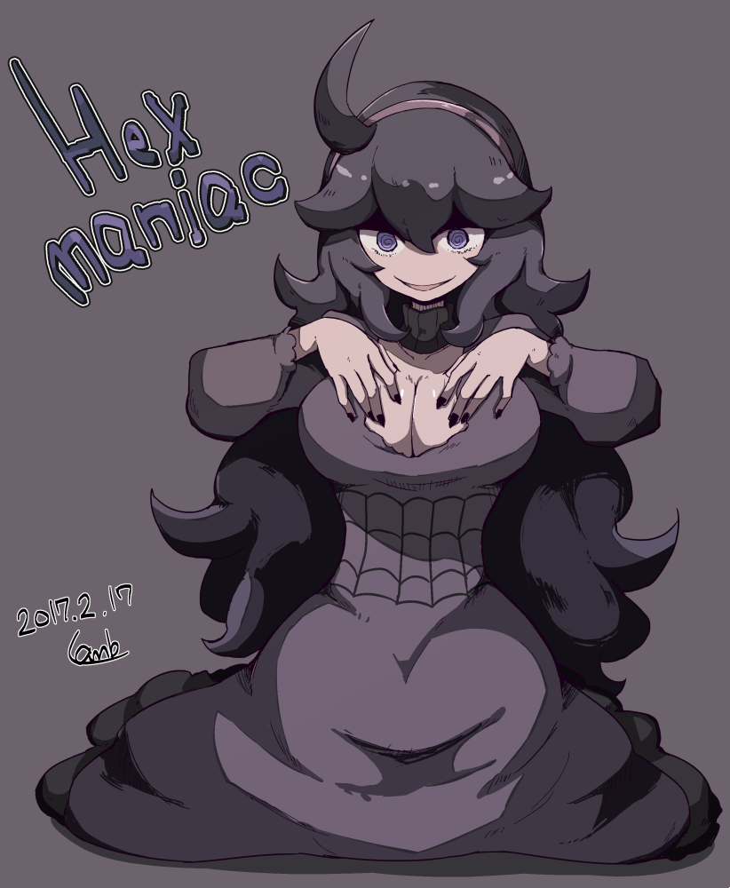 1girl @_@ ahoge black_dress black_hair black_nails blue_eyes breasts cleavage dated dress hairband hex_maniac_(pokemon) lamb-oic029 long_hair looking_at_viewer nail_polish no_nose npc_trainer pokemon pokemon_(game) sitting smile solo