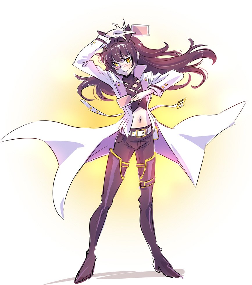 1girl alternate_costume black_hair blake_belladonna blush boots bow commentary_request hair_bow iesupa navel rwby thigh-highs thigh_boots trading_card white_coat yellow_eyes