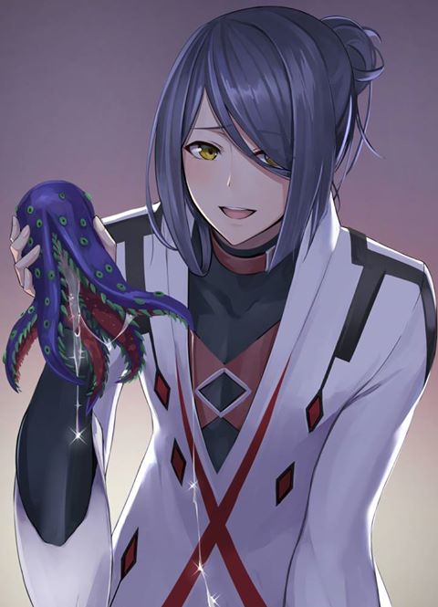 1boy black_hair blush caster_(fate/prototype_fragments) fate/grand_order fate/prototype fate/prototype:_fragments_of_blue_and_silver fate_(series) long_hair male_focus open_mouth ponytail shijiu_(adamhutt) smile solo tentacle yellow_eyes
