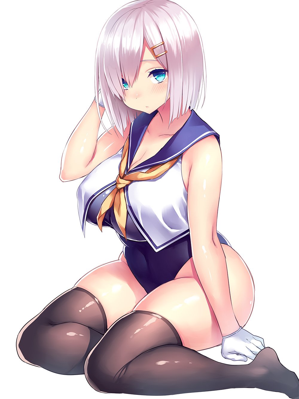 1girl alternate_costume arm_at_side black_legwear blue_swimsuit blush breasts cleavage covered_navel crop_top crop_top_overhang gloves hair_ornament hair_over_one_eye hairclip hamakaze_(kantai_collection) hand_in_hair hand_up highres kantai_collection large_breasts looking_at_viewer nail_polish sailor_collar school_swimsuit shiny shiny_skin shirt short_hair silver_hair simple_background sitting skin_tight sleeveless sleeveless_shirt solo swimsuit swimsuit_under_clothes thigh-highs tsukumiya_amane white_background white_gloves white_shirt yellow_nails yokozuwari