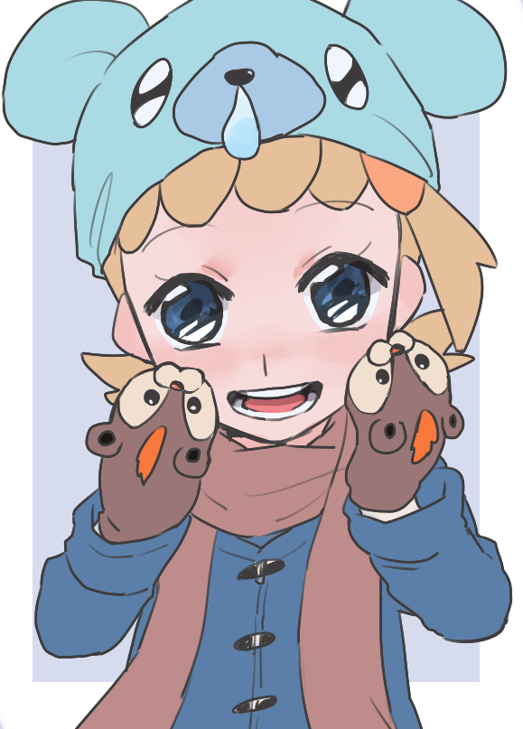1girl :d alternate_costume bear black_background blonde_hair blue_coat blue_eyes blue_hat brown_scarf coat cub cubchoo eureka_(pokemon) eyebrows_visible_through_hair flat_chest hair_ornament hands_on_own_cheeks hands_on_own_face hat lion litleo long_sleeves looking_at_viewer low_ponytail mittens nose_drip open_mouth pokemon pokemon_(game) pokemon_xy scarf short_hair short_ponytail side_ponytail smile solo standing suzuki_zentarou tareme teeth tongue upper_body winter_clothes