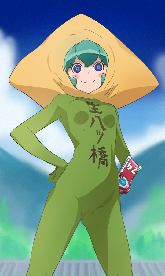 1girl blue_eyes blue_sky blurry blush_stickers bodysuit breasts calen_(time_bokan) clothes_writing covered_navel cowboy_shot depth_of_field female green_bodysuit green_hair hand_on_hip haruyama_kazunori medium_breasts sky smile solo standing time_bokan_(series) time_bokan_24 translation_request