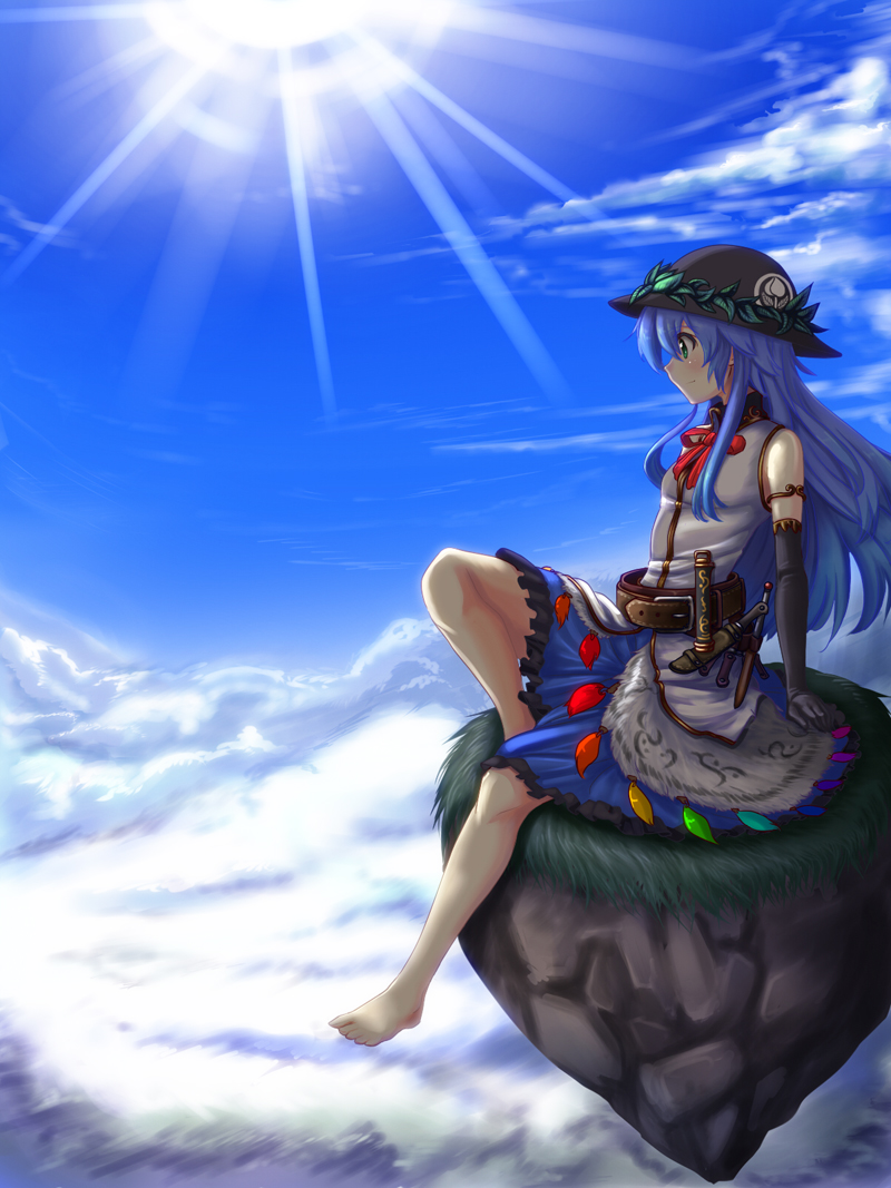 1girl a9b_(louis814) adapted_costume arm_support barefoot belt black_dress black_gloves black_hat blue_dress blue_hair clouds cloudy_sky day dress elbow_gloves emblem food from_side fruit gloves hat hinanawi_tenshi keystone knife leaning_back light_smile long_hair peach rainbow_gradient red_eyes red_ribbon ribbon sitting sky sleeveless sleeveless_dress solo sun sunlight touhou wreath