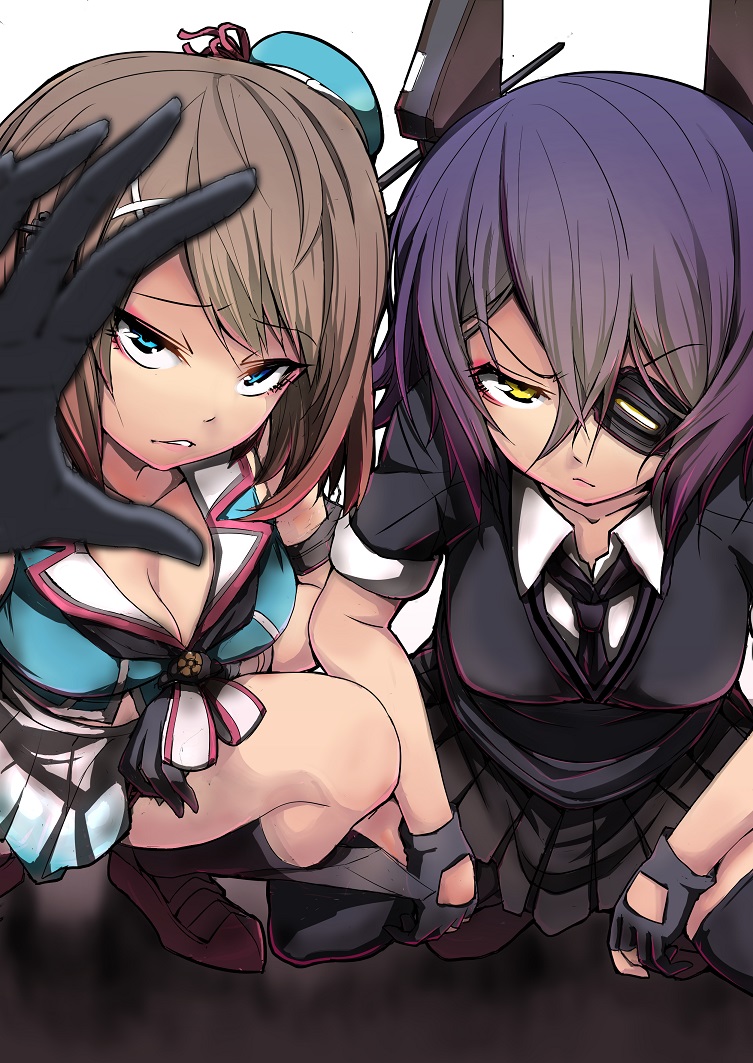 2girls black_legwear blue_eyes breasts brown_hair checkered checkered_necktie cleavage eyepatch gloves hat headgear hikomaro610 kantai_collection looking_at_viewer maya_(kantai_collection) multiple_girls necktie parted_lips partly_fingerless_gloves pleated_skirt purple_hair reaching_out short_hair skirt squatting tenryuu_(kantai_collection) thigh-highs yellow_eyes