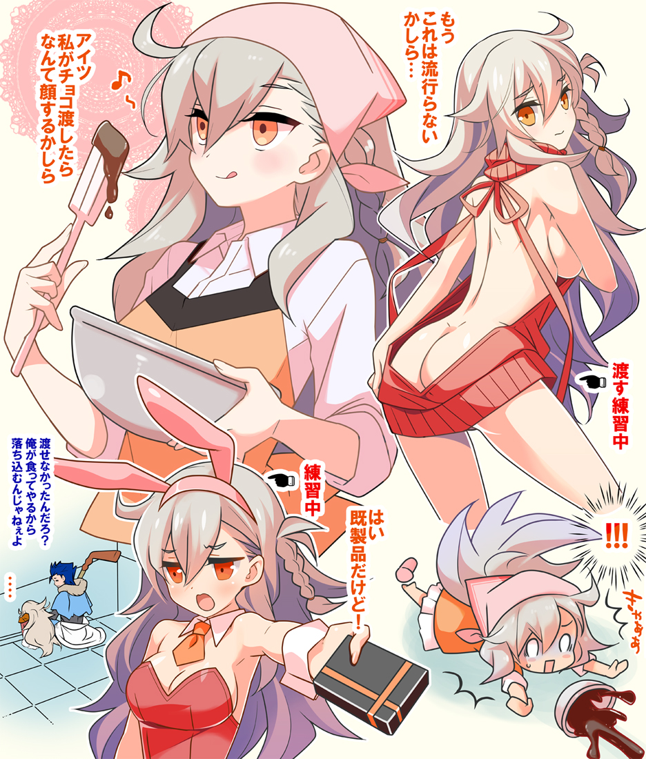 1boy 1girl :q animal_ears armpits ass bare_back bare_shoulders blush box braid breasts bunnysuit butt_crack chocolate cleavage detached_collar dimples_of_venus dress fake_animal_ears fate/grand_order fate_(series) female_ass gift gift_box hair_between_eyes hairband halterneck head_scarf kanekiyo_miwa lancer long_hair looking_at_viewer medium_breasts meme_attire multiple_views necktie no_bra no_panties olga_marie open-back_dress open_mouth orange_eyes orange_necktie rabbit_ears side_braid sideboob silver_hair slippers spilled sweater sweater_dress tongue tongue_out translation_request tripping type-moon virgin_killer_sweater wavy_hair