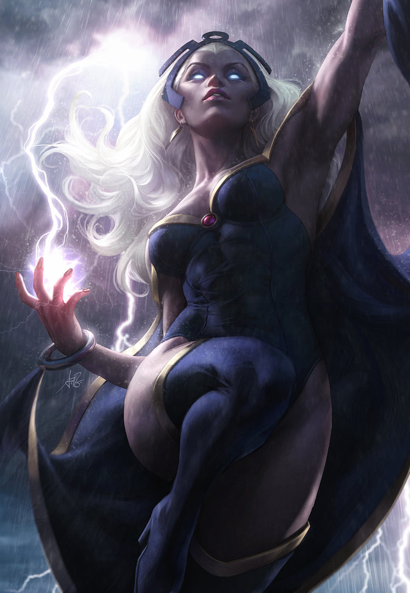 1girl arm_up armpits bangle boots bracelet breasts brooch cape dark_skin earrings electricity flying forehead forehead_protector from_below gem glowing glowing_eyes jewelry leg_lift leotard lightning_bolt lips lipstick long_hair makeup marvel medium_breasts no_pupils rain realistic solo stanley_lau storm storm_(x-men) thick_eyebrows thigh-highs thigh_boots very_dark_skin white_hair x-men
