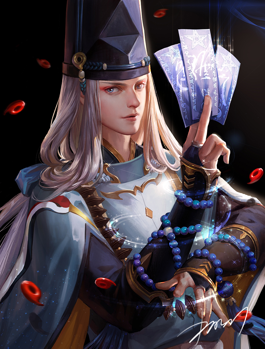 1boy abe_no_seimei_(onmyoji) arm_up bangs beads between_fingers black_background black_hat bridal_gauntlets cdash817 closed_mouth eyeliner fingernails glowing hat highres holding japanese_clothes jewelry lips long_hair long_sleeves looking_at_viewer low-tied_long_hair magatama makeup ofuda onmyoji prayer_beads ring signature solo tate_eboshi upper_body white_hair wide_sleeves