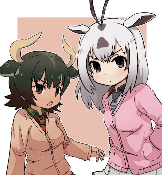 &gt;:/ &gt;:o 2girls :/ :o adapted_costume animal_ears arabian_oryx_(kemono_friends) aurochs_(kemono_friends) b3 border brown_eyes brown_hair buttons camouflage camouflage_shirt collar collared_shirt dark_skin grey_hair hands_in_pockets horns kemono_friends long_hair long_sleeves looking_at_viewer multicolored_hair multiple_girls necktie open_mouth outside_border pink_background pleated_skirt pocket red_necktie shirt short_hair sidelocks skirt striped striped_necktie sweater teeth tsurime two-tone_hair upper_body white_border