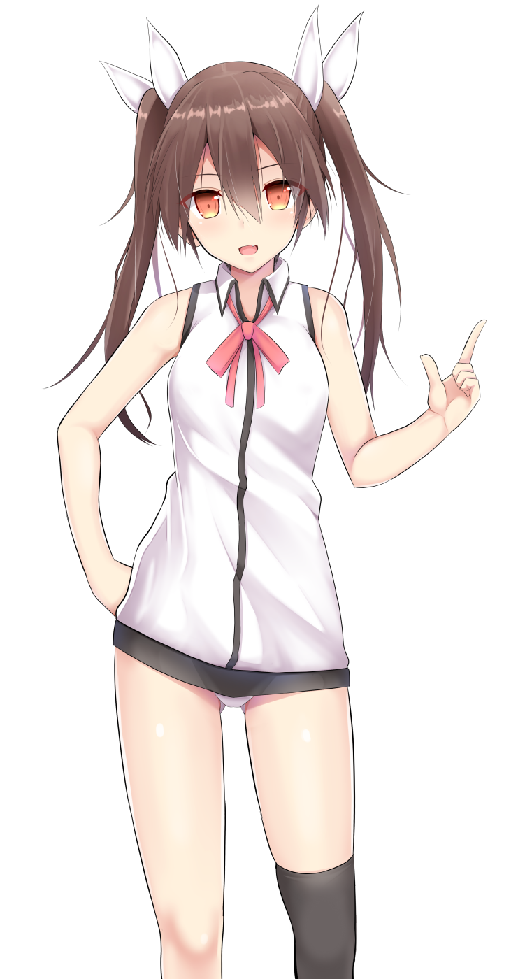 1girl alternate_costume asymmetrical_legwear bare_arms brown_eyes brown_hair eyes_visible_through_hair gluteal_fold hair_between_eyes hair_tie hand_on_hip highres index_finger_raised kantai_collection long_hair looking_at_viewer open_mouth panties pantyshot pantyshot_(standing) simple_background single_thighhigh skindentation solo standing takeyuu thigh-highs tone_(kantai_collection) twintails underwear white_background white_panties