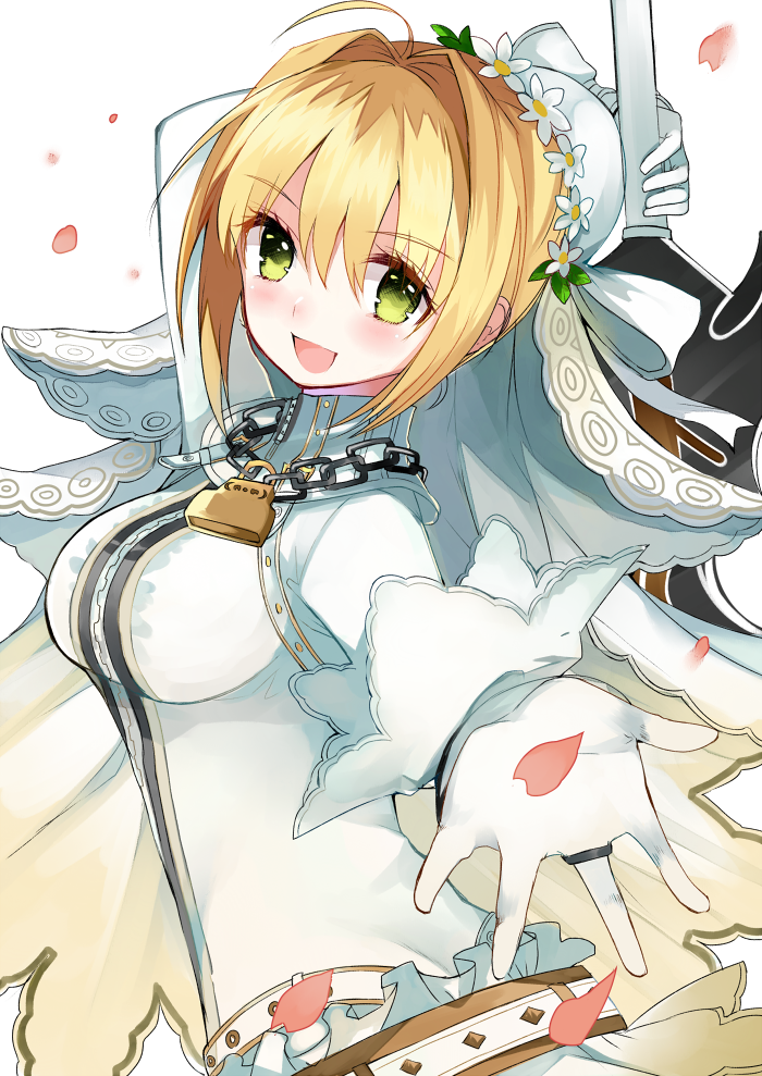 1girl :d aestus_estus ahoge bangs blonde_hair blush bodysuit breasts bridal_veil chains eyebrows_visible_through_hair fate/extra fate/extra_ccc fate_(series) flower gloves green_eyes hair_between_eyes hair_flower hair_intakes hair_ornament holding holding_sword holding_weapon jewelry large_breasts lock looking_at_viewer open_mouth outstretched_arm petals ring ry_thae saber_bride saber_extra short_hair_with_long_locks sidelocks simple_background smile solo sword veil weapon white_background white_flower white_gloves