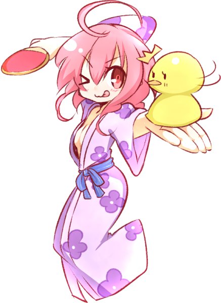 100_percent_orange_juice 1girl ahoge bird breasts character_name chick cleavage flower hono japanese_clothes kimono paddle pink_hair qp_shooting red_eyes short_hair table_tennis_paddle tongue tongue_out wide_sleeves yukata