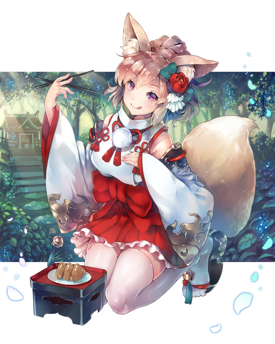 1girl :q animal_ears architecture bell blonde_hair chopsticks commentary_request deecha detached_sleeves east_asian_architecture flower food forest fox_ears fox_tail hair_bun hair_flower hair_ornament hakama_skirt hand_on_own_chest head_tilt high_collar inarizushi jingle_bell kneeling leaf light_rays looking_at_viewer nature nontraditional_miko original outdoors red_eyes shrine sleeves_past_wrists solo stepping_stones sunbeam sunlight sushi tabi tail thigh-highs tongue tongue_out white_legwear