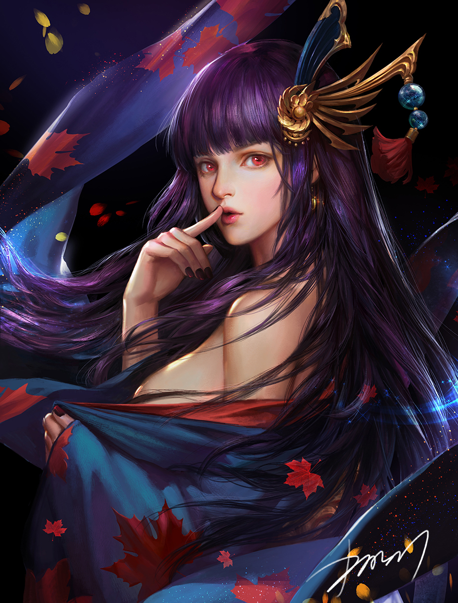 1girl autumn_leaves bangs bare_shoulders beads black_background black_nails blue_kimono blunt_bangs blush breasts cdash817 earrings finger_to_mouth fingernails floating_hair from_side glowing guinu_hongye hair_ornament highres japanese_clothes jewelry kimono large_breasts leaf leaf_print light_particles lips long_hair long_sleeves looking_at_viewer maple_leaf nail_polish off_shoulder onmyoji parted_lips print_kimono purple_hair red_eyes red_lips side_glance sideboob signature solo tassel upper_body very_long_hair wide_sleeves