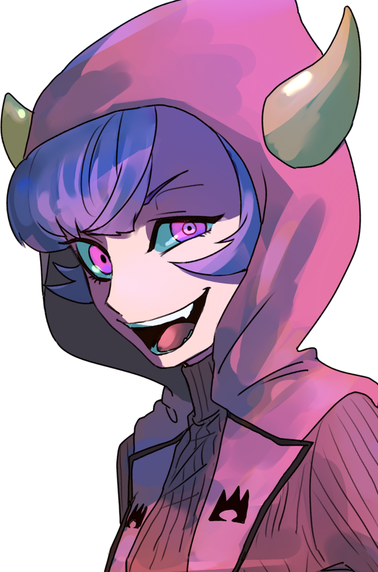 &gt;:d 1girl :d bangs breasts crazy crazy_smile eyelashes fake_horns hair_between_eyes hood hood_up hooded_vest horns kagari_(pokemon) kagari_(pokemon)_(remake) open_clothes open_mouth open_vest parted_bangs pink_vest pokemon pokemon_(game) pokemon_oras purple_hair red_sweater ribbed_sweater ringed_eyes sharp_teeth short_hair simple_background small_breasts smile solo suzuki_zentarou sweater team_magma teeth tongue tsurime turtleneck turtleneck_sweater uneven_eyes upper_body vest violet_eyes white_background