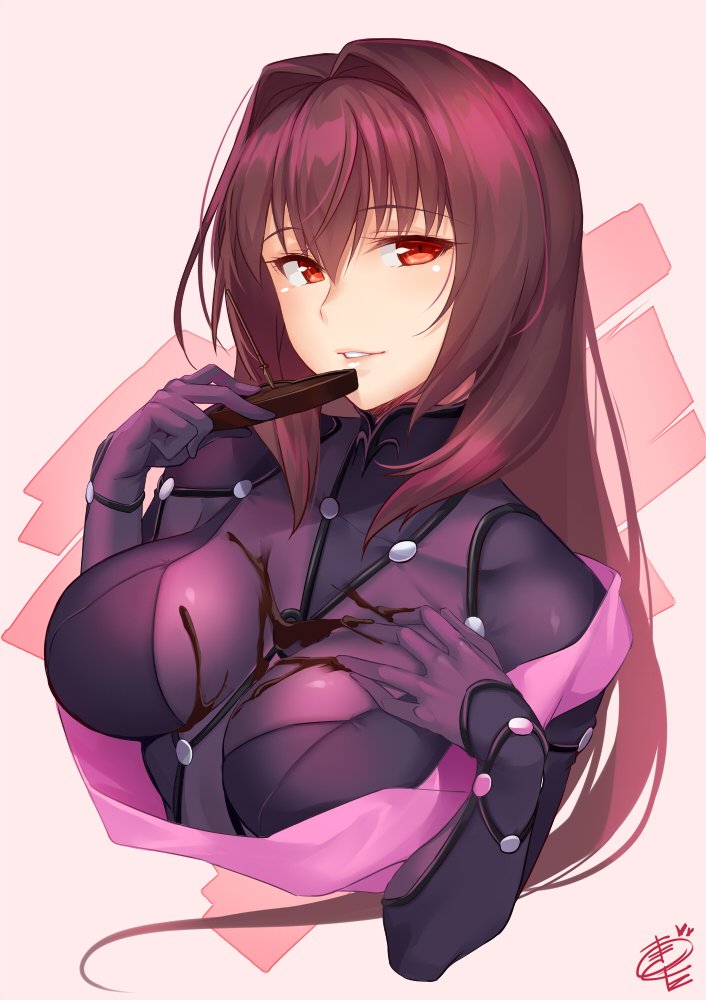 1girl armor bodysuit breasts chocolate chocolate_heart chocolate_on_breasts deep_skin fate/grand_order fate_(series) hair_between_eyes hands_on_own_chest heart large_breasts lips long_hair looking_at_viewer okitakung parted_lips pauldrons purple_bodysuit purple_hair red_eyes scathach_(fate/grand_order) shoulder_armor upper_body