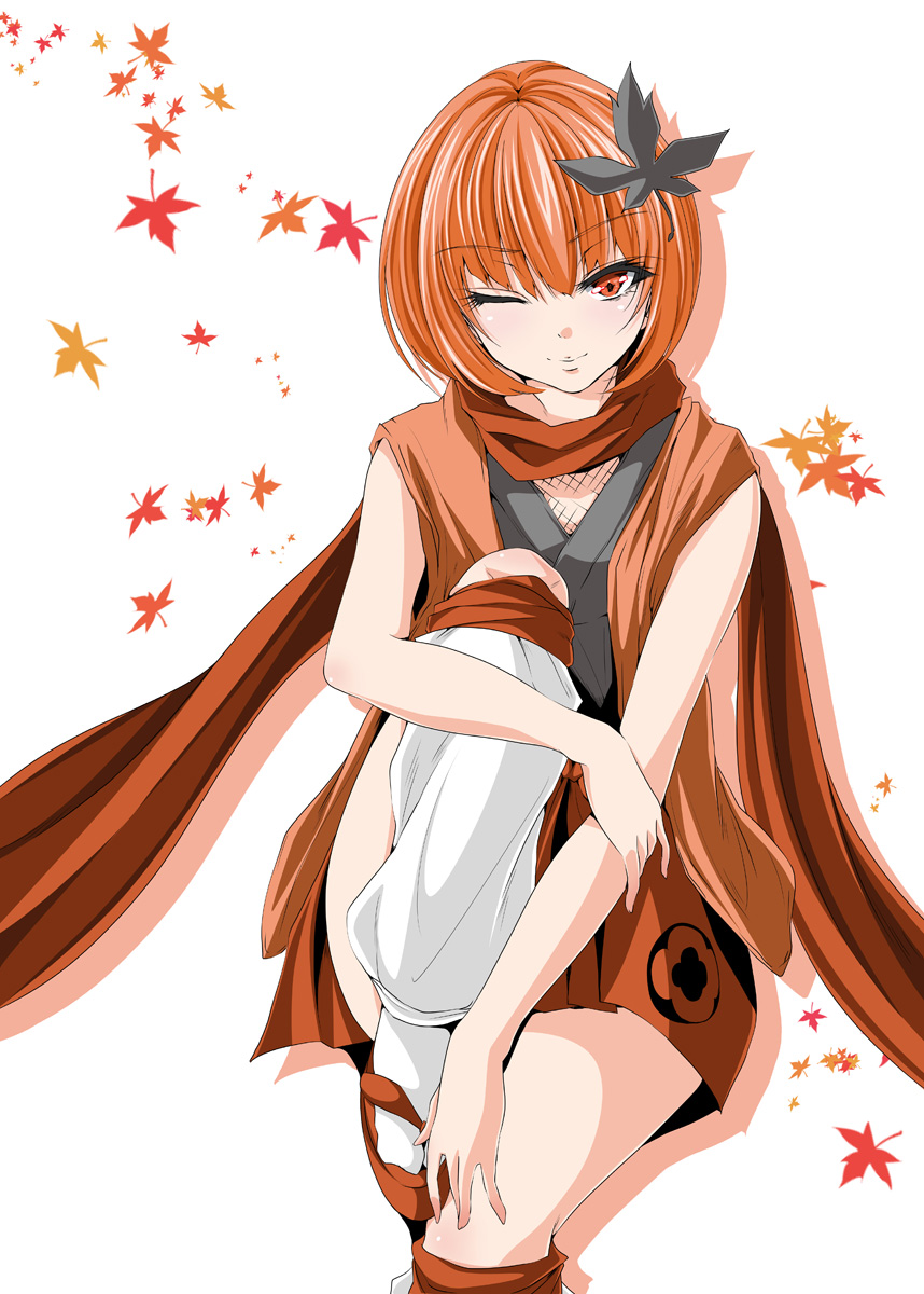 1girl ;) autumn_leaves bangs bare_arms bare_shoulders blunt_bangs blush character_request closed_mouth eyebrows_visible_through_hair eyelashes geta hair_ornament highres invisible_chair knee_up leaf_hair_ornament looking_at_viewer ma-yu ninja one_eye_closed orange_hair oshiro_project red_eyes red_scarf red_shoes red_skirt scarf shoes short_hair simple_background sitting skirt smile solo tabi white_background white_legwear