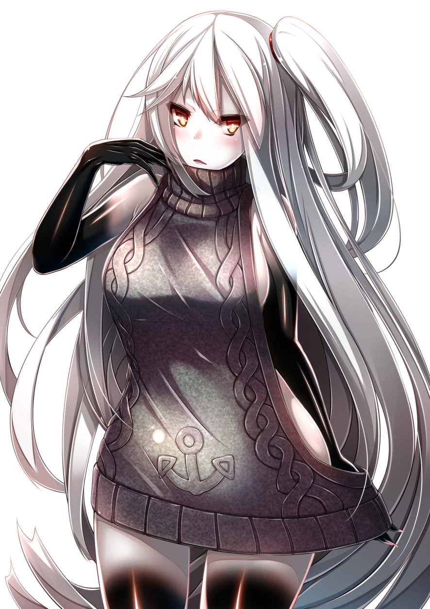 1girl aircraft_carrier_oni alternate_costume anchor_symbol blush breasts clothes_pull fuuki_(te_fuukin) highres kantai_collection long_hair looking_at_viewer meme_attire one_side_up orange_eyes sideboob silver_hair simple_background solo sweater sweater_pull triangle_mouth virgin_killer_sweater white_background white_skin