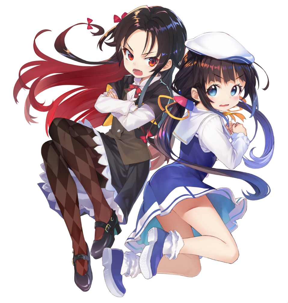 &gt;:o 2girls :o black_hair black_legwear black_shoes black_skirt blue_dress blue_eyes blue_shoes bow brown_hair cover cover_page crossed_arms dress hair_bow long_hair looking_at_viewer multiple_girls official_art red_eyes redhead ryuuou_no_oshigoto! school_uniform serafuku shirabi_(life-is-free) shoes skirt sneakers twintails wavy_mouth white_hair