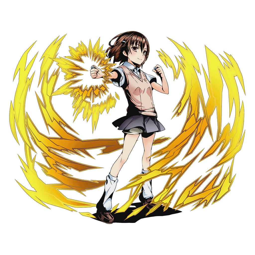 1girl biribiri brown_eyes brown_hair coin divine_gate full_body grey_skirt hair_ornament hairclip holding kneehighs looking_at_viewer misaka_mikoto official_art outstretched_arm pleated_skirt school_uniform short_hair short_shorts shorts shorts_under_skirt skirt smile solo to_aru_majutsu_no_index transparent_background ucmm white_legwear white_shorts