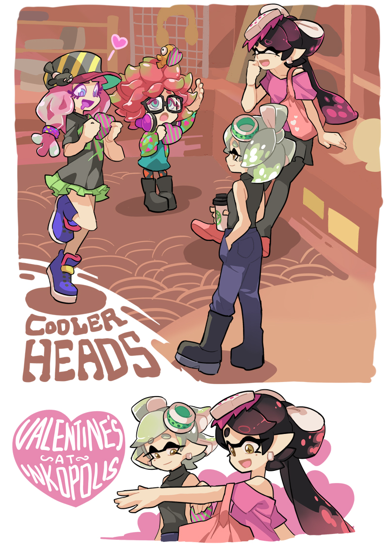 4girls anemo_(splatoon) aori_(splatoon) black_hair clownfish domino_mask english glasses glenna_nalira headphones headphones_around_neck heart hotaru_(splatoon) kumano_(splatoon) long_hair looking_at_another mask multiple_girls short_hair splatoon standing tentacle_hair wong_ying_chee