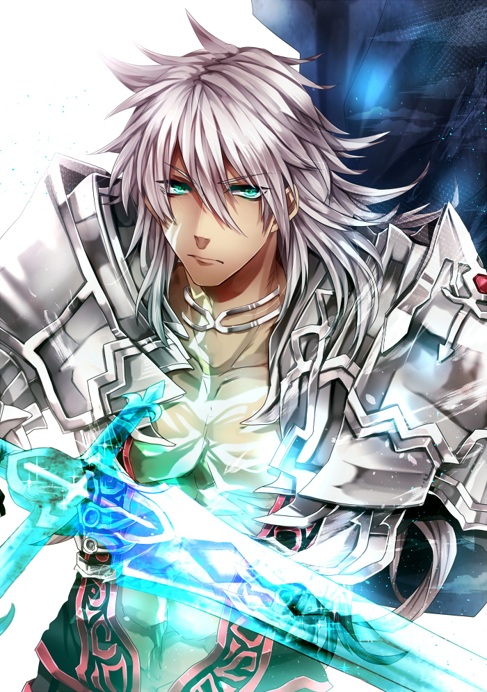 1boy abs armor balmung_(fate/apocrypha) dark_skin fate/apocrypha fate_(series) glowing green_eyes long_hair looking_at_viewer male_focus saber_of_black solo sword weapon white_background white_hair