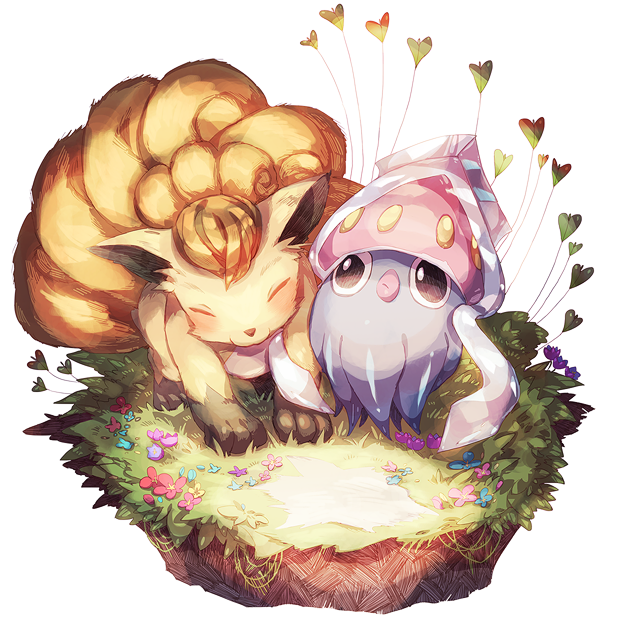 closed_eyes flower grass inkay locked_arms looking_at_viewer no_humans pokemon pokemon_(creature) suana vulpix