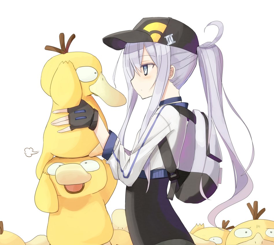 1girl backpack bag bangs baseball_cap black_gloves blush closed_mouth cosplay cropped_jacket crossover female_protagonist_(pokemon_go) female_protagonist_(pokemon_go)_(cosplay) fingerless_gloves from_side gloves hair_between_eyes hat hibiki_(kantai_collection) kantai_collection long_hair mochiki pokemon pokemon_go ponytail psyduck simple_background solo white_background