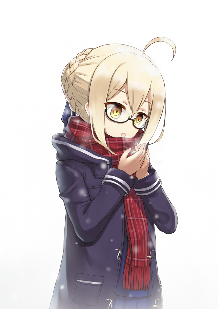 1girl ahoge black-framed_eyewear blue_skirt braid breath coat cupping_hands duffel_coat empty_eyes eyebrows_visible_through_hair fate/grand_order fate_(series) french_braid fringe glasses hair_between_eyes hair_bun heijialan heroine_x heroine_x_(alter) open_clothes open_coat open_mouth plaid plaid_scarf pleated_skirt red_scarf saber scarf semi-rimless_glasses short_hair_with_long_locks sidelocks skirt snow solo under-rim_glasses upper_body white_background