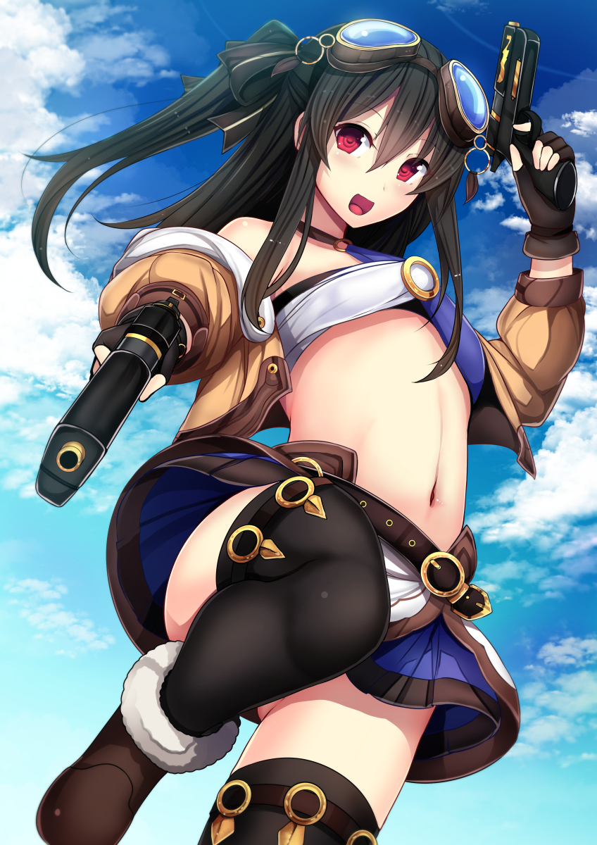 1girl bare_shoulders black_hair blush choujigen_game_neptune daiaru day dual_wielding female four_goddesses_online:_cyber_dimension_neptune gloves gun hair_ornament handgun highres long_hair looking_at_viewer navel neptune_(series) pistol red_eyes sky smile solo twintails uni_(choujigen_game_neptune) weapon