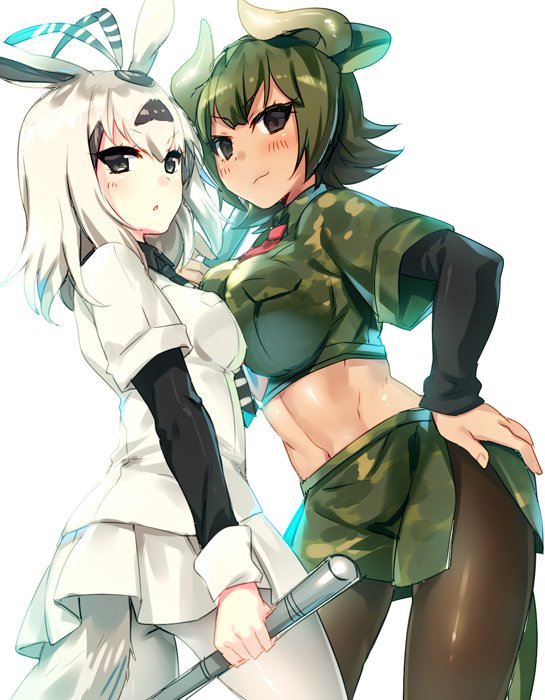 &gt;:3 &gt;:o 2girls :3 :o animal_ears arabian_oryx_(kemono_friends) asymmetrical_docking aurochs_(kemono_friends) black_eyes blush breast_press breasts camouflage camouflage_shirt camouflage_skirt chestnut_mouth collar collared_shirt cowboy_shot dark_skin eyelashes fingernails hair_between_eyes hand_on_hip holding holding_spear holding_weapon horns impossible_clothes kemono_friends kinosaki_reisui large_breasts looking_at_viewer medium_breasts midriff multicolored_hair multiple_girls navel necktie open_mouth pantyhose pleated_skirt polearm shirt short_hair short_over_long_sleeves short_sleeves skirt smile spear tsurime two-tone_hair weapon white_hair