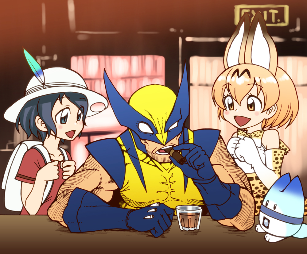 1boy 2girls animal_ears backpack bag bare_shoulders black_hair blonde_hair chiba_toshirou crossover cup drinking_glass elbow_gloves gloves hat kaban kemono_friends lucky_beast_(kemono_friends) marvel multiple_girls open_mouth safari_hat serval_(kemono_friends) serval_ears serval_tail short_hair smoking tail wolverine x-men