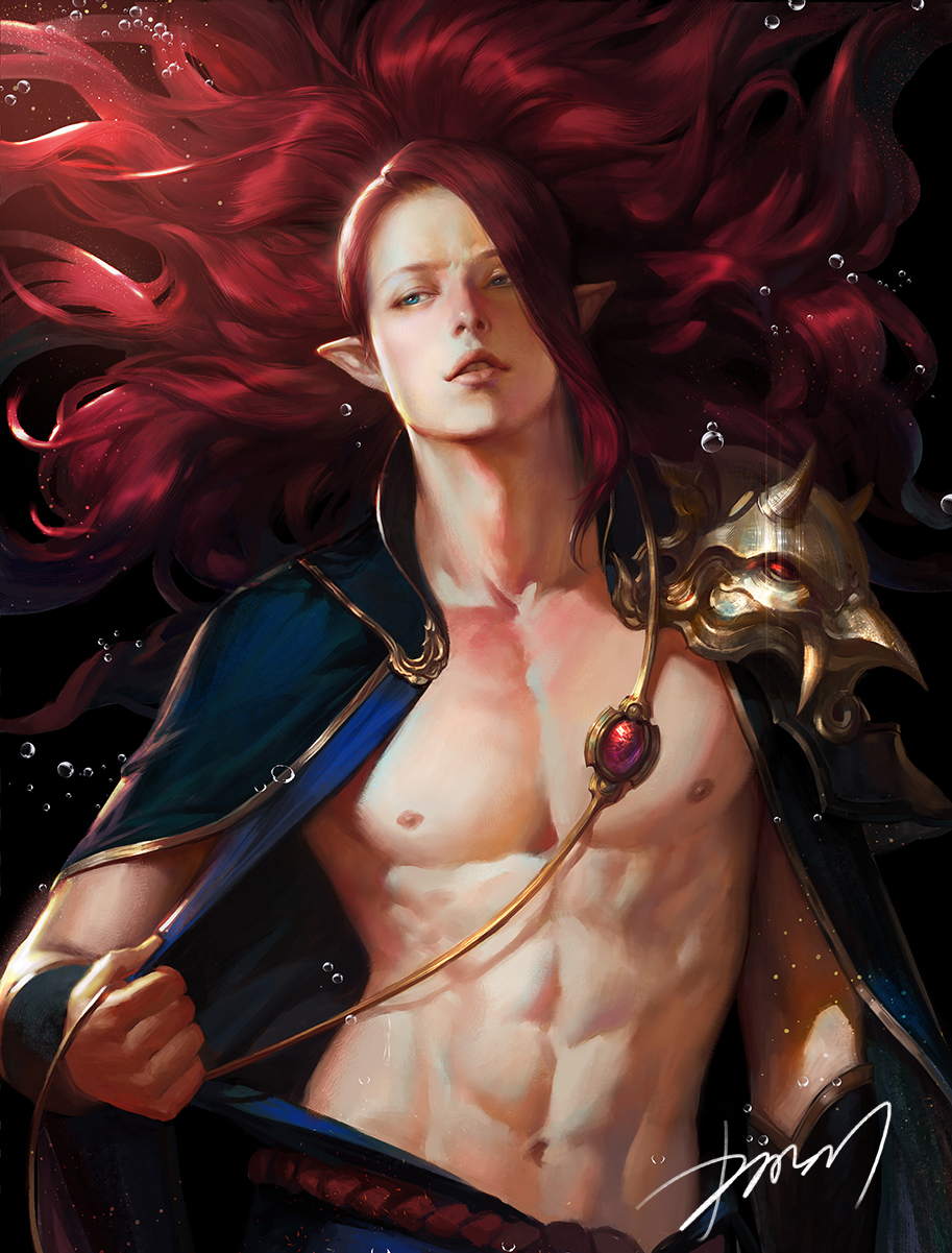 1boy abs air_bubble arm_at_side arm_guards bangs blue_eyes cape cdash817 chest collarbone floating_hair gem highres japanese_clothes lips long_hair looking_away male_focus navel nipples onmyoji parted_lips pauldrons pointy_ears pulled_by_self red_eyes rope shiny shiny_hair shuten_douji_(onmyoji) side_glance signature solo spikes stomach submerged underwater upper_body