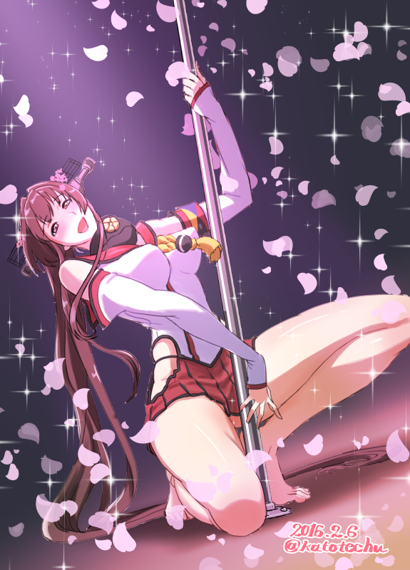 1girl absurdly_long_hair barefoot between_legs blush brown_hair cherry_blossoms dated dutch_angle erect_nipples falling_petals hand_between_legs head_tilt headgear kantai_collection katou_techu leaning_back long_hair looking_at_viewer petals pole_dancing solo sparkle squatting twitter_username very_long_hair yamato_(kantai_collection) yellow_eyes