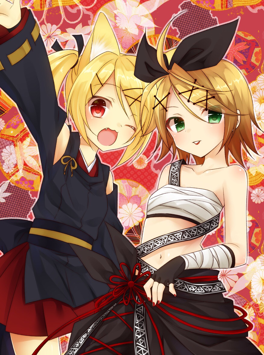 2girls :3 ahoge alternate_costume alternate_hair_color amane_(amnk1213) animal_ears bandage bare_shoulders black_bow blonde_hair bow breasts collarbone detached_sleeves dual_persona fang flat_chest floral_background fox_ears fox_girl green_eyes hair_bow hair_ornament hair_ribbon hairclip iroha_uta_(vocaloid) japanese_clothes kagamine_rin kimono kimono_skirt lipstick makeup midriff multiple_girls nail_polish navel obi open_mouth outstretched_arm outstretched_hand project_diva_(series) red_eyes red_nails ribbon sarashi sash short_hair short_kimono short_twintails shoulder_cutout slit_pupils small_breasts smile twintails vocaloid