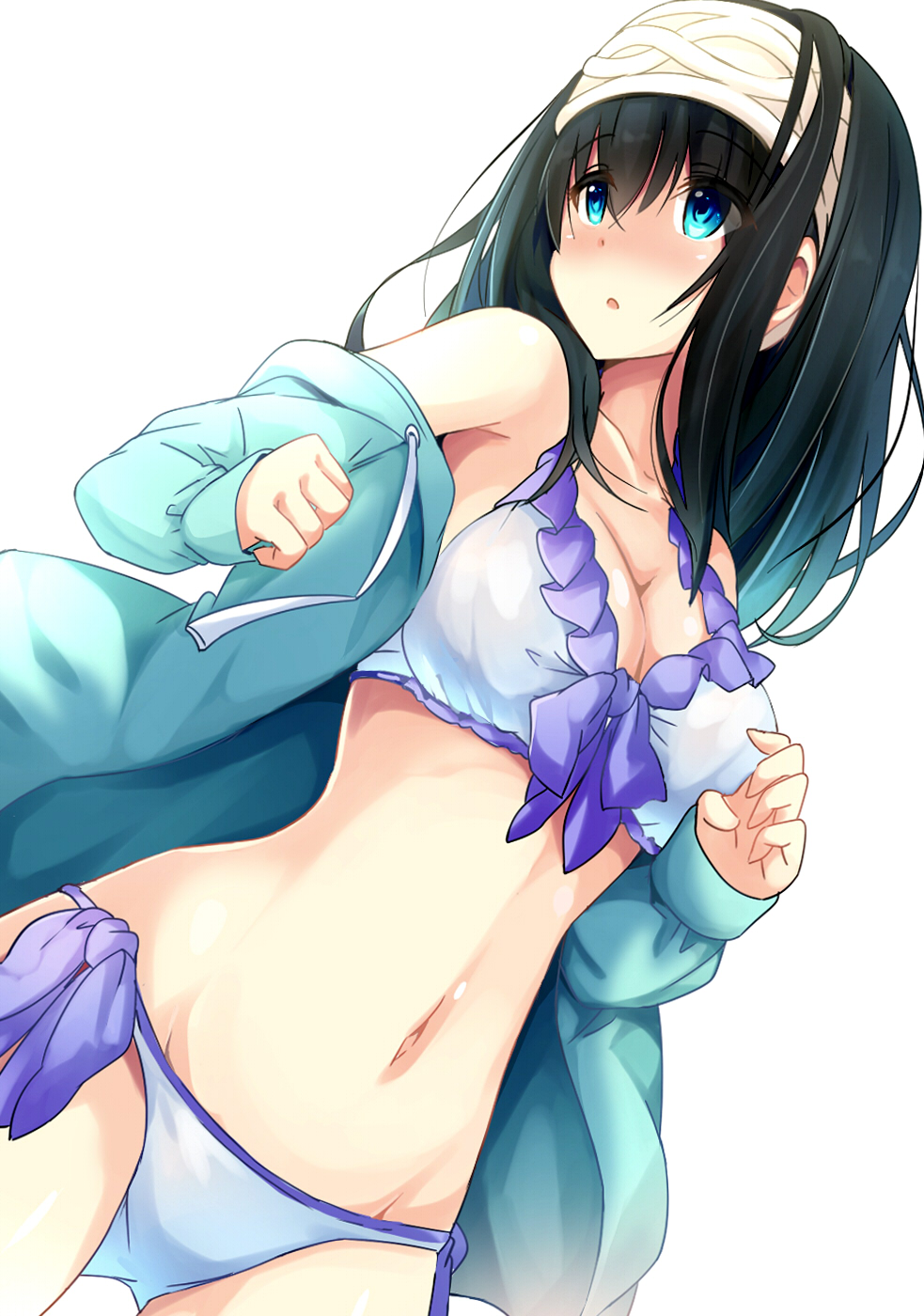 1girl bikini black_hair blue_eyes blush breasts cleavage front-tie_bikini front-tie_top hairband highres idolmaster idolmaster_cinderella_girls jacket large_breasts long_hair natsu_(anta_tte_hitoha) navel sagisawa_fumika side-tie_bikini simple_background solo swimsuit white_background