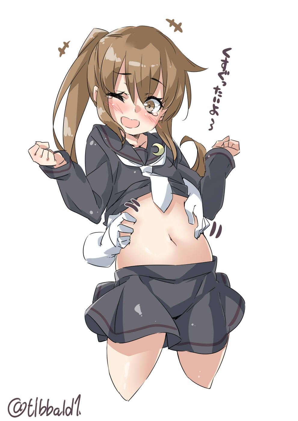 +++ 1girl ;d arm_at_side bangs black_serafuku black_skirt blush brown_eyes brown_hair character_request clenched_hands collarbone cowboy_shot crescent crescent_moon_pin cropped_legs disembodied_limb ebifurya eyebrows_visible_through_hair fumizuki_(kantai_collection) highres kantai_collection long_hair long_sleeves motion_lines navel necktie one_eye_closed open_mouth pleated_skirt ponytail school_uniform serafuku sidelocks simple_background skirt smile solo_focus stomach tears tickling translation_request twitter_username white_background white_necktie