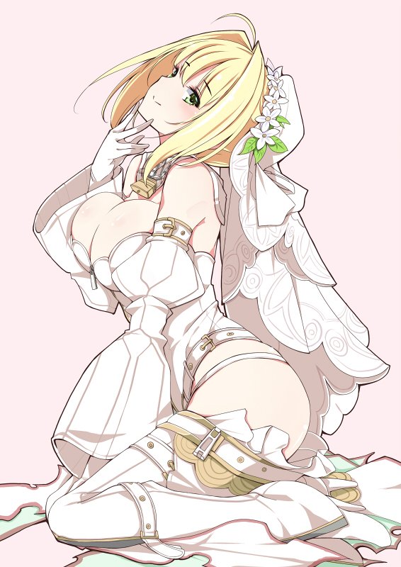 1girl ahoge ass bare_shoulders belt blonde_hair breasts bridal_veil chains cleavage detached_sleeves dress fate/extra fate/extra_ccc fate_(series) flower gloves green_eyes hair_flower hair_ornament hand_on_own_chin high_heels laurel_crown lock long_hair looking_at_viewer looking_up mutou_kurihito pink_background saber_bride saber_extra simple_background sitting smile solo veil wariza white_dress white_gloves white_legwear wide_sleeves