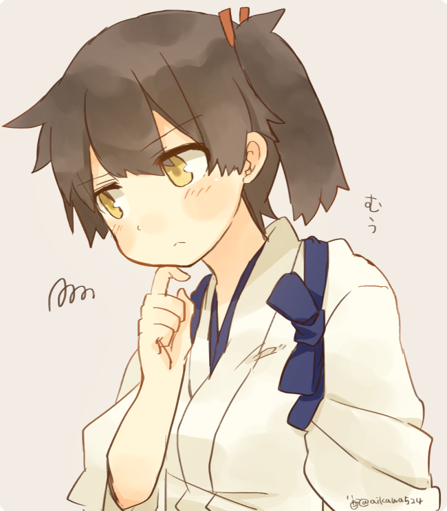 1girl blush brown_eyes brown_hair closed_mouth commentary eyebrows_visible_through_hair hair_ribbon ina_(1813576) japanese_clothes kaga_(kantai_collection) kantai_collection long_hair red_ribbon ribbon ribon scratching_chin side_ponytail simple_background solo tasuki thinking translated twitter_username wide_sleeves