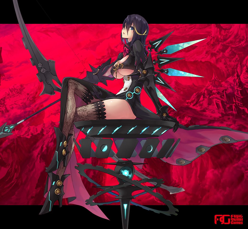 armor armored_boots artemis_(phantom_of_the_kill) background black_hair black_killers_(phantom_of_the_kill) blonde_hair boots bow_(weapon) breasts buttons cleavage cleavage_cutout company_name gauntlets high_heels large_breasts leggings looking_at_viewer multicolored_hair official_art phantom_of_the_kill platform puffy_sleeves short_hair thigh-highs under_boob underboob_cutout weapon wing_ornament