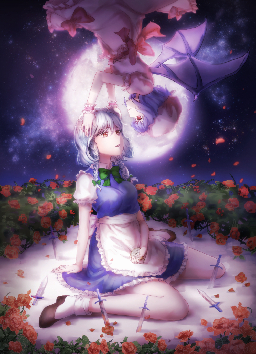 2girls aesice apron bat_wings blue_hair braid commentary_request eye_contact flower flying full_moon hands_on_another's_head hat high_heels highres izayoi_sakuya knife looking_at_another maid_headdress mob_cap moon multiple_girls night outdoors parted_lips planted_weapon pocket_watch puffy_short_sleeves puffy_sleeves red_eyes red_rose remilia_scarlet rose short_hair short_sleeves silver_hair sitting sitting_on_ground skirt skirt_set sky socks star_(sky) starry_sky thorns touhou twin_braids upside-down waist_apron wariza watch weapon wings wrist_cuffs