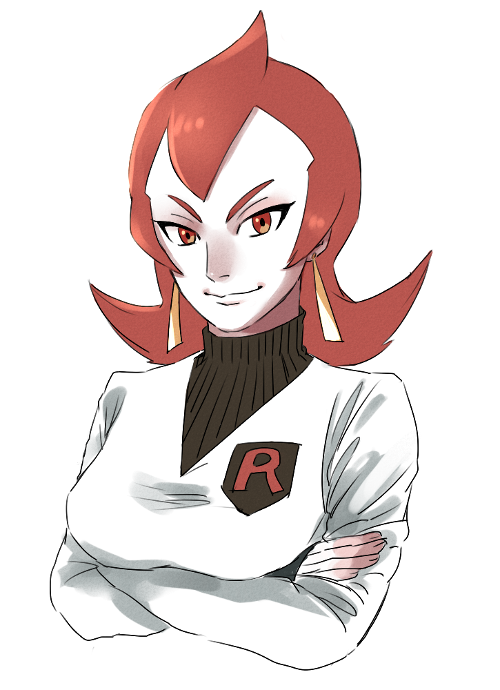 1girl ahoge athena_(pokemon) bangs breasts closed_mouth crossed_arms earrings fingernails jewelry large_breasts long_sleeves looking_at_viewer pokemon pokemon_(game) pokemon_hgss red_eyes redhead ribbed_sweater shirt short_hair simple_background sleeves_past_wrists smile solo suzuki_zentarou sweater team_rocket tsurime turtleneck turtleneck_sweater undershirt upper_body v-neck white_background white_shirt