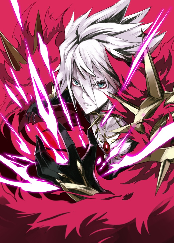 1boy aqua_eyes black_gloves character_request collar gloves gold_armor grin jewelry looking_at_viewer parted_lips pendant red_background smile solo spiked_collar spikes white_hair white_skin