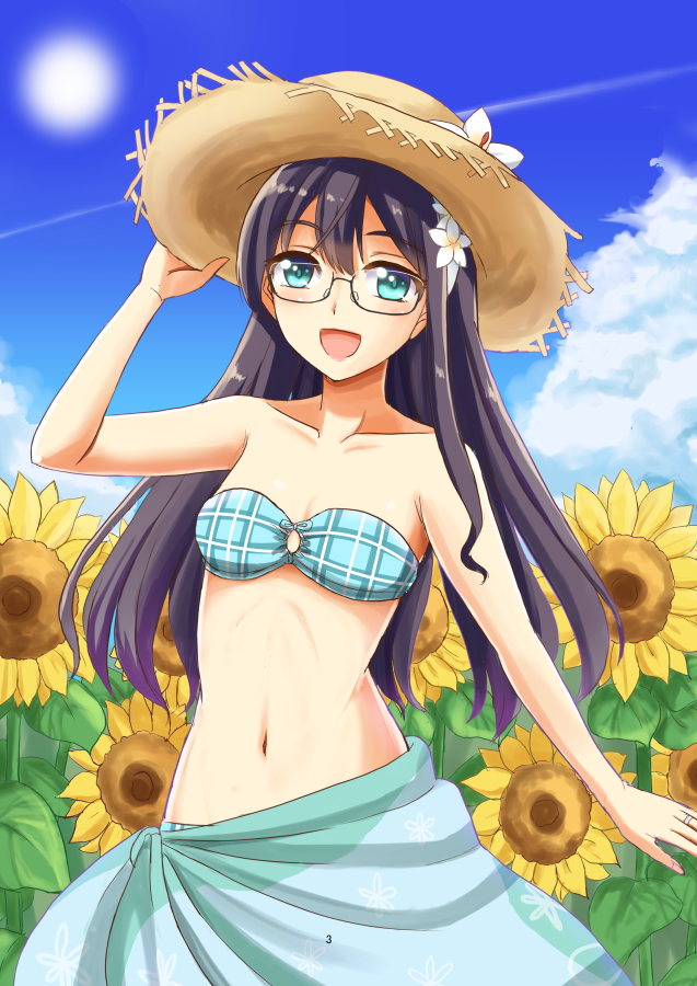 1girl :d alternate_costume aqua_eyes arm bare_arms bare_shoulders bikini black_hair blue_sky breasts clouds collarbone day female flower flower_field glasses hair_flower hair_ornament hand_on_headwear happy hat highres kantai_collection long_hair looking_at_viewer midriff navel neck ookawa_wataru ooyodo_(kantai_collection) open_mouth outdoors plaid plaid_bikini plaid_swimsuit sarong semi-rimless_glasses sky small_breasts smile solo standing strapless strapless_bikini strapless_swimsuit straw_hat sun sun_hat sunflower swimsuit tubetop under-rim_glasses