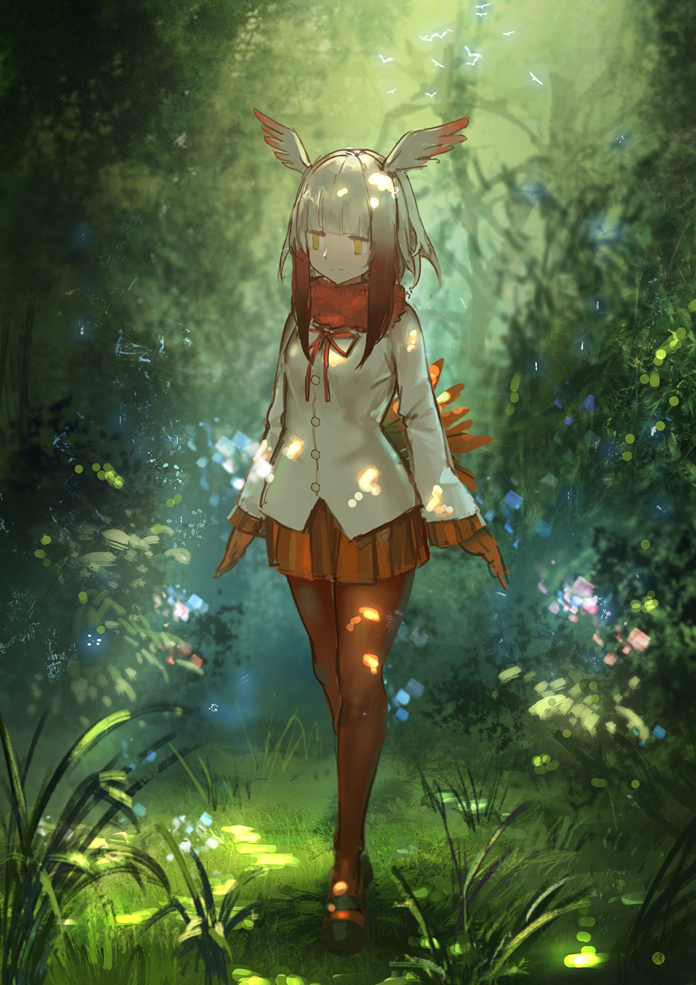 1girl animal bangs bird bird_tail black_shoes blunt_bangs buttons collar crested_ibis crested_ibis_(kemono_friends) expressionless fluffy_collar flying forest full_body gloves grass head_wings highres jitome kemono_friends leaf light_particles long_sleeves looking_away mary_janes multicolored_hair nature neck_ribbon outdoors pantyhose plant pleated_skirt red_gloves red_legwear renatus.z ribbon scenery shirt shoes short_hair sidelocks skirt solo tail tree two-tone_hair walking white_hair wings yellow_eyes