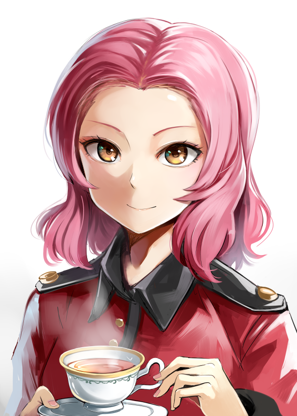 1girl bangs brown_eyes cup emerane girls_und_panzer jacket looking_at_viewer military military_uniform parted_bangs red_jacket redhead rosehip saucer short_hair smile solo tea teacup uniform upper_body