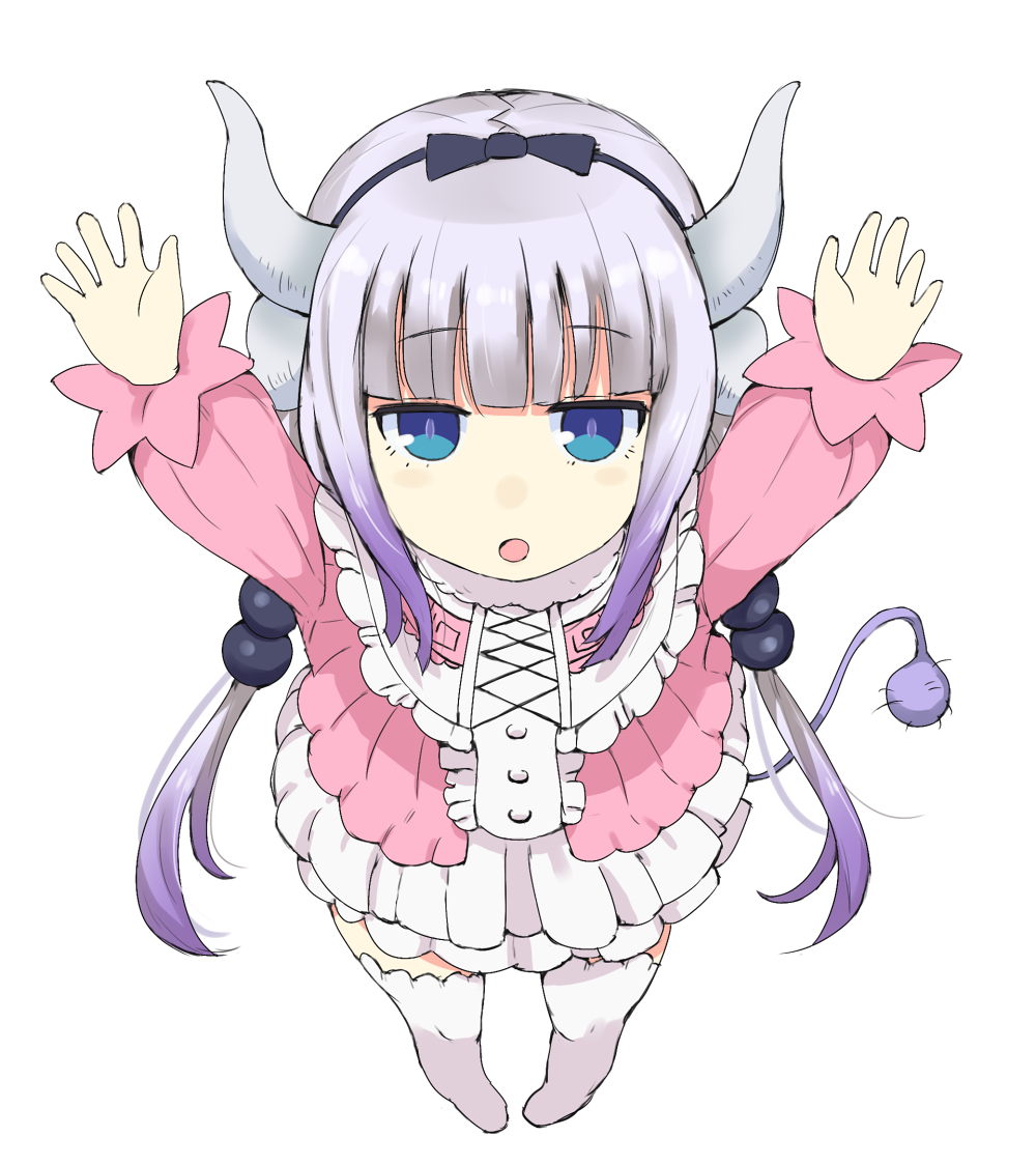 1girl :o arms_up bangs beads black_bow black_hairband blue_eyes blunt_bangs blush_stickers bow capelet dragon_girl dragon_horns dragon_tail dress from_below full_body gedou_(ge_ge_gedou) hair_beads hair_ornament hair_ribbon hairband half-closed_eyes horns kanna_kamui kobayashi-san_chi_no_maidragon long_hair low_twintails open_mouth ribbon silver_hair simple_background solo standing tail thigh-highs twintails white_background white_legwear