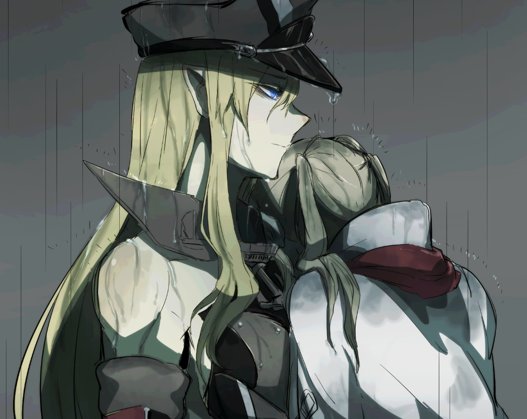 bismarck_(kantai_collection) blonde_hair blue_eyes breastplate capelet detached_sleeves graf_zeppelin_(kantai_collection) hat iron_cross kantai_collection kriegsmarine leaning_on_person military_hat peaked_cap rain takatsuki_nato twintails uniform wet