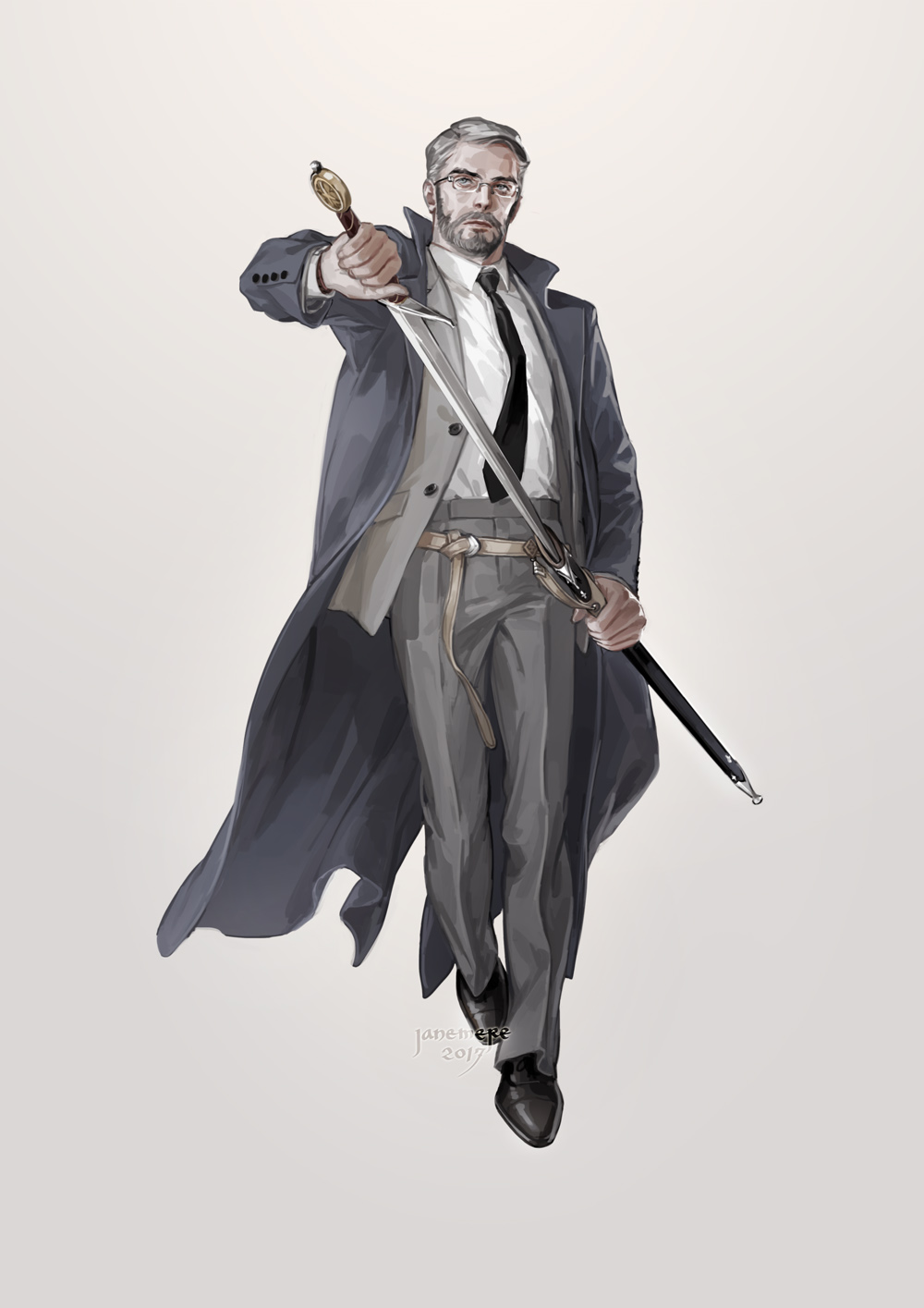 1boy 2017 artist_name beard black_necktie black_shoes blue_eyes closed_mouth coat collared_shirt expressionless facial_hair formal full_body glasses grey grey_background grey_coat grey_jacket grey_pants highres holding holding_sword holding_weapon jane_mere lips long_sleeves looking_at_viewer male_focus necktie open_clothes open_coat original pants pocket rimless_glasses sheath shirt shoes silver_hair simple_background solo suit sword unbuttoned unsheathed walking watch watch weapon white_shirt wing_collar